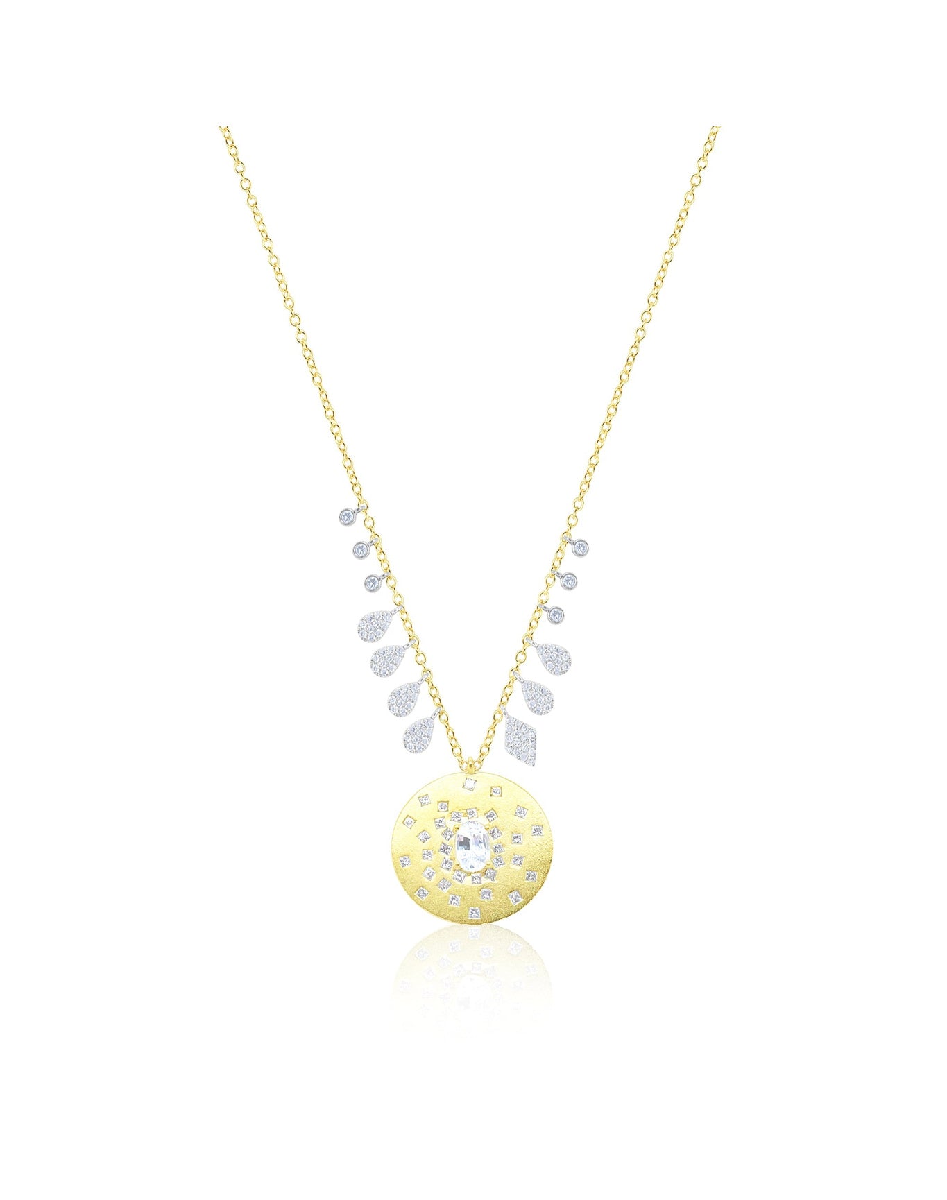 14k Diamond Medallion Necklacewith Diamonds and White Sapphire | 14K Two Tone Gold and Gold Plated Silver