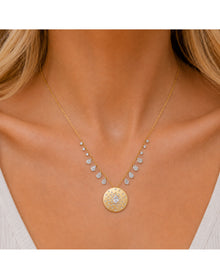 14k Diamond Medallion Necklacewith Diamonds and White Sapphire | 14K Two Tone Gold and Gold Plated Silver