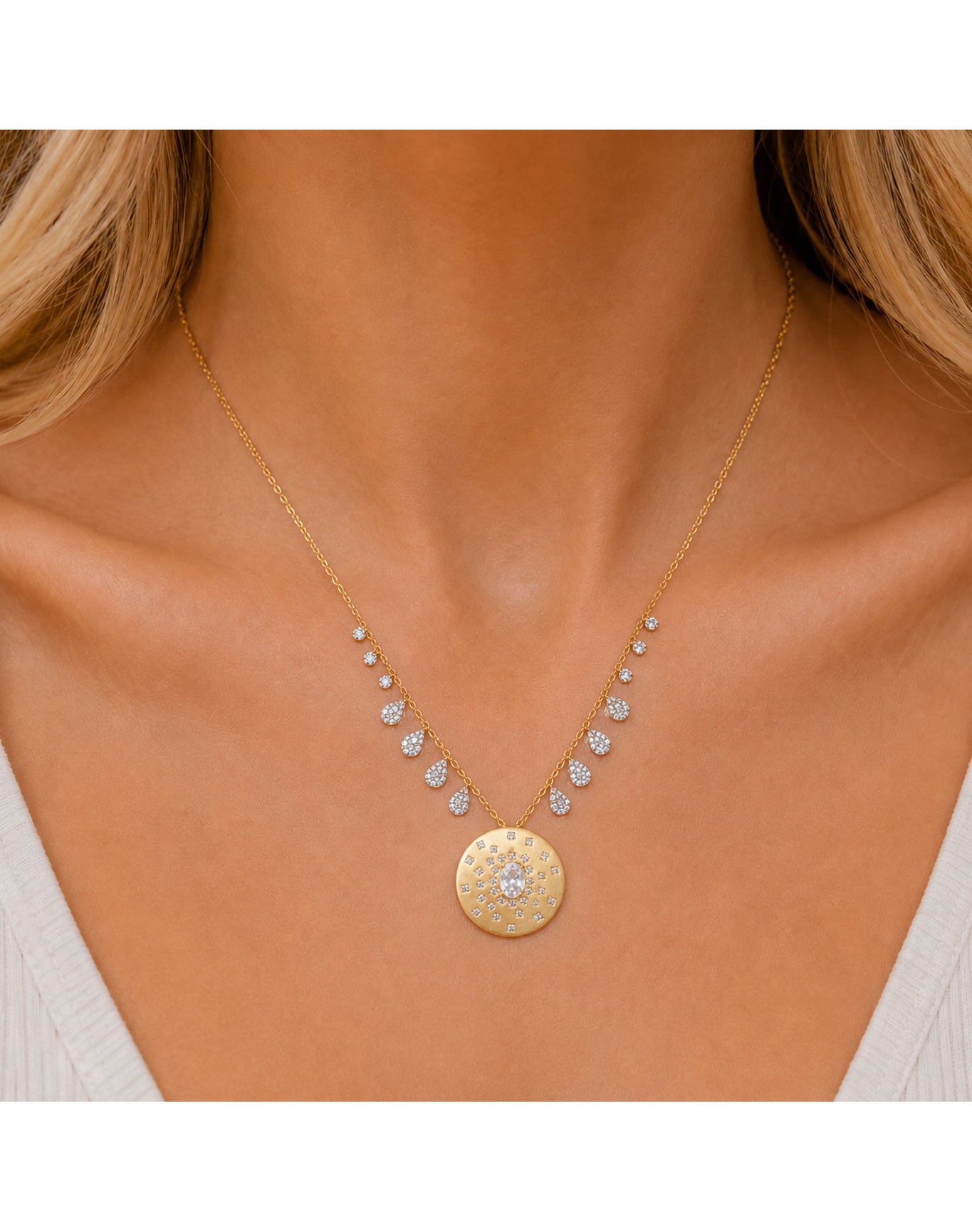 14k Diamond Medallion Necklacewith Diamonds and White Sapphire | 14K Two Tone Gold and Gold Plated Silver