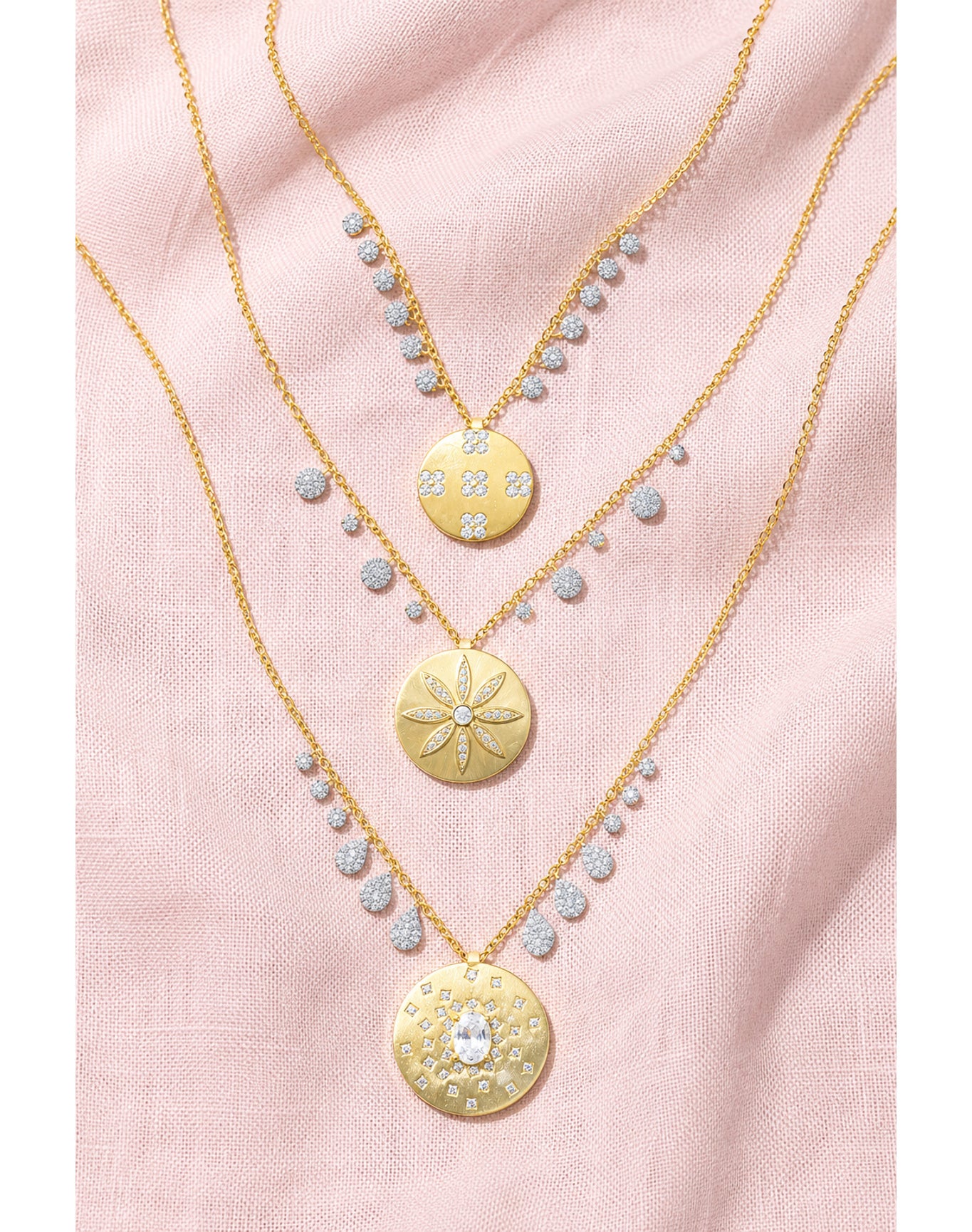 14k Diamond Medallion Necklacewith Diamonds and White Sapphire | 14K Two Tone Gold and Gold Plated Silver