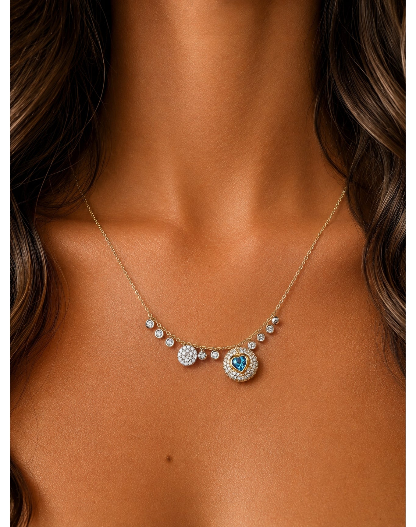 14kt Yellow Gold Diamond and Blue Topaz Heart Necklace | 14K Two Tone Gold