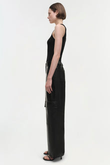 Black cargo pants with multiple pockets, shown on model from side view.