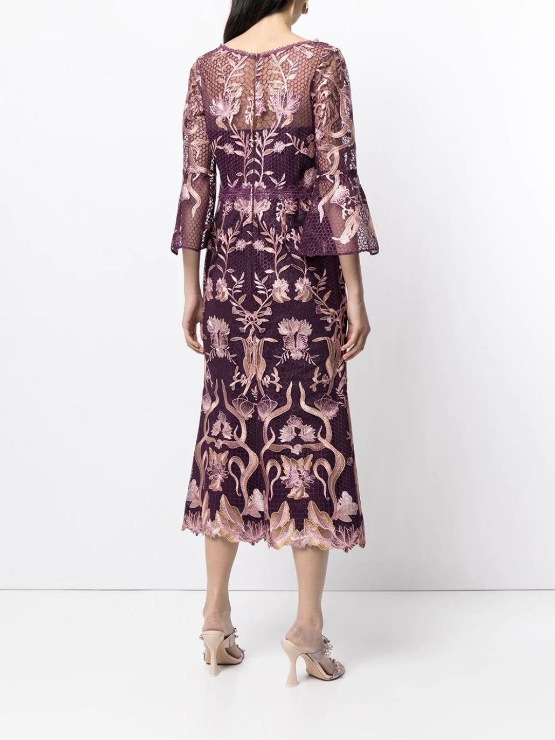 3/4 Bell Sleeve Guipure Cocktail Marchesa