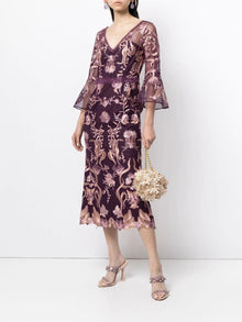 3/4 Bell Sleeve Guipure Cocktail Marchesa