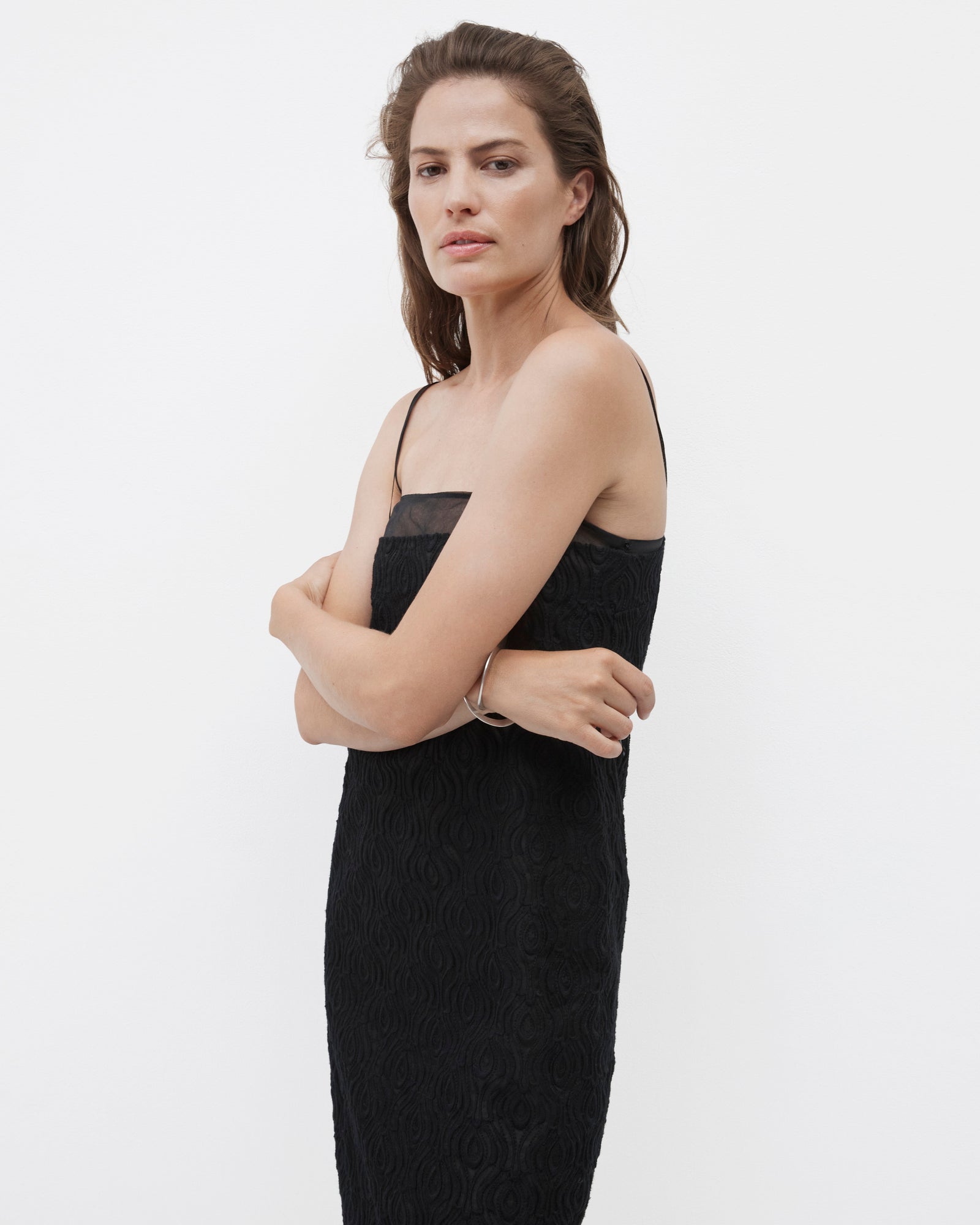 Another Tomorrow Silk Embroidered Dress in Black – Silk Women's Dress
