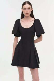 Black cotton faille mini dress with short flutter sleeves, scoop neckline, and pleated skirt detail.