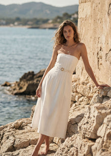 Yena Strapless Linen Dress | Macadamia