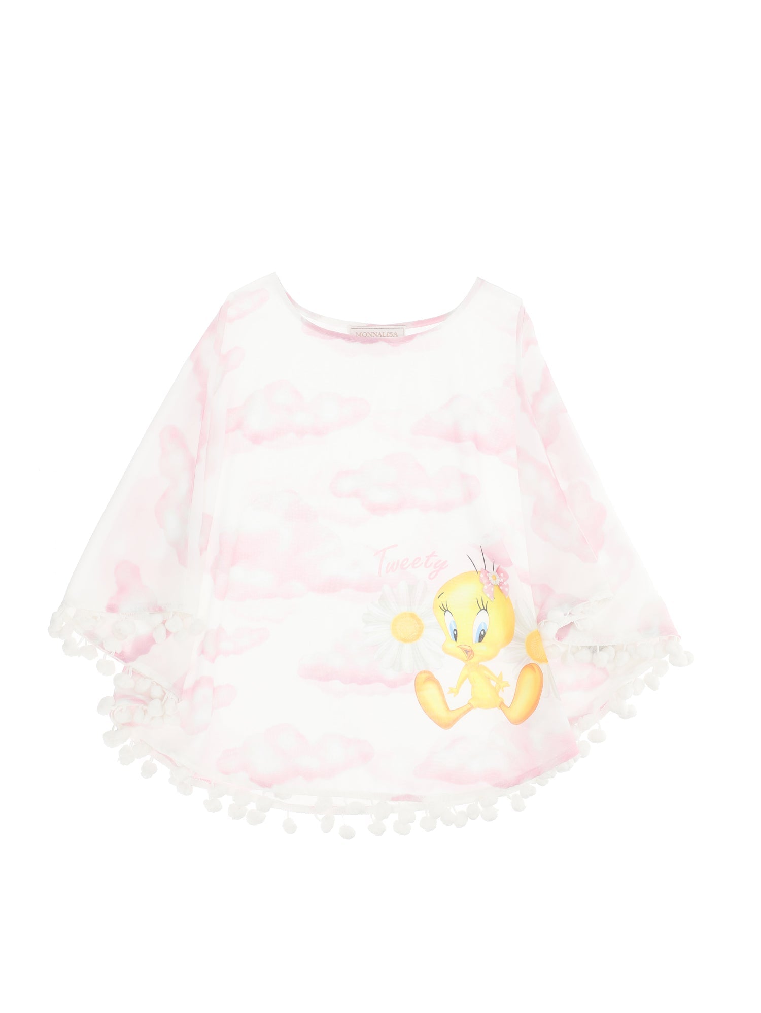 Girls | Tweety Cloud Print Muslin Poncho | Cream/Antique Pink