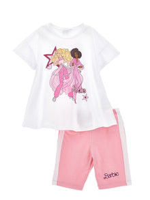 Girls | Barbie Maxi T-Shirt And Cycling Shorts Set | White/Fuchsia