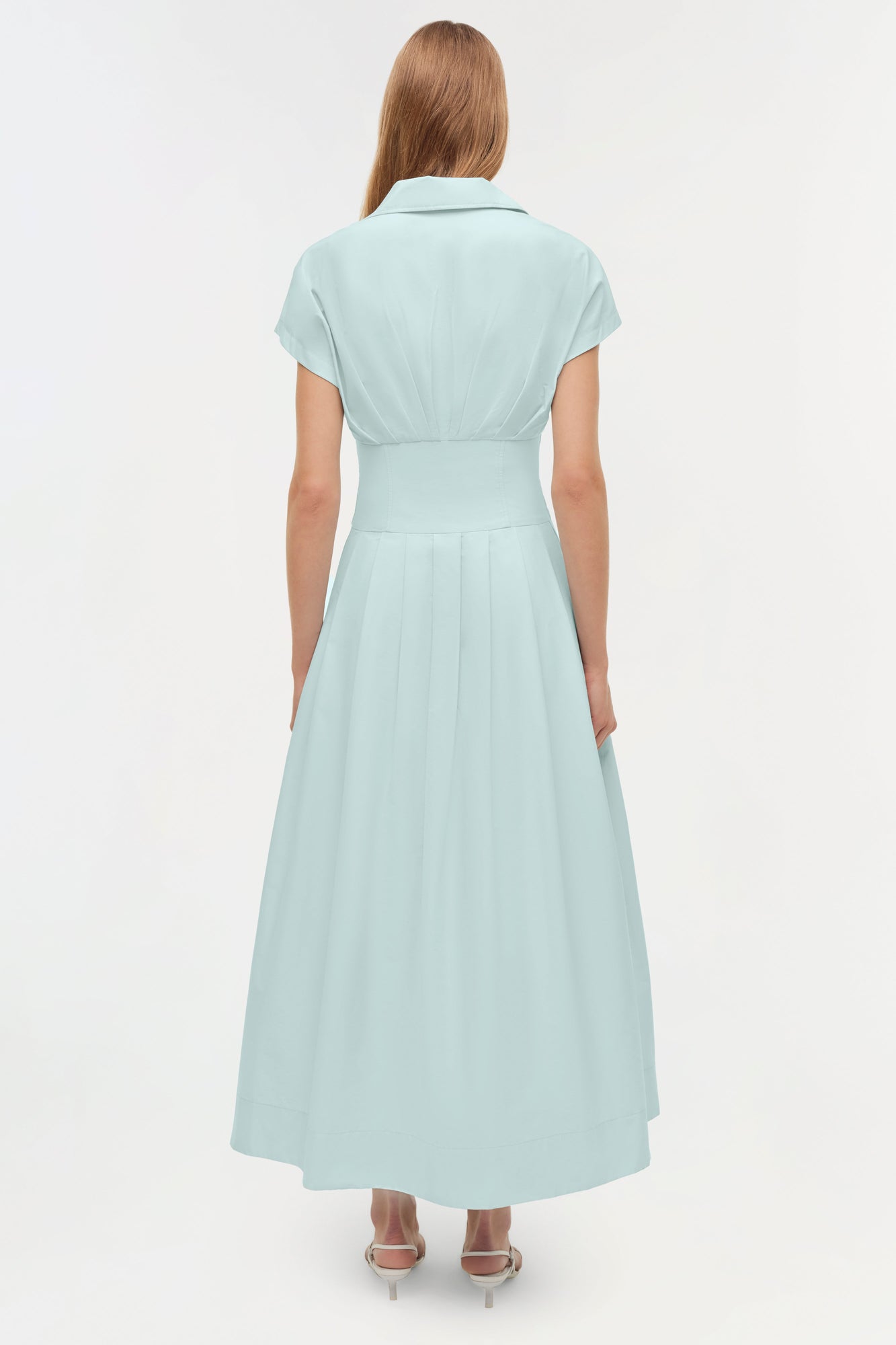 Light blue collared midi dress with short sleeves, fitted waist, and full skirt, shown on model from back.