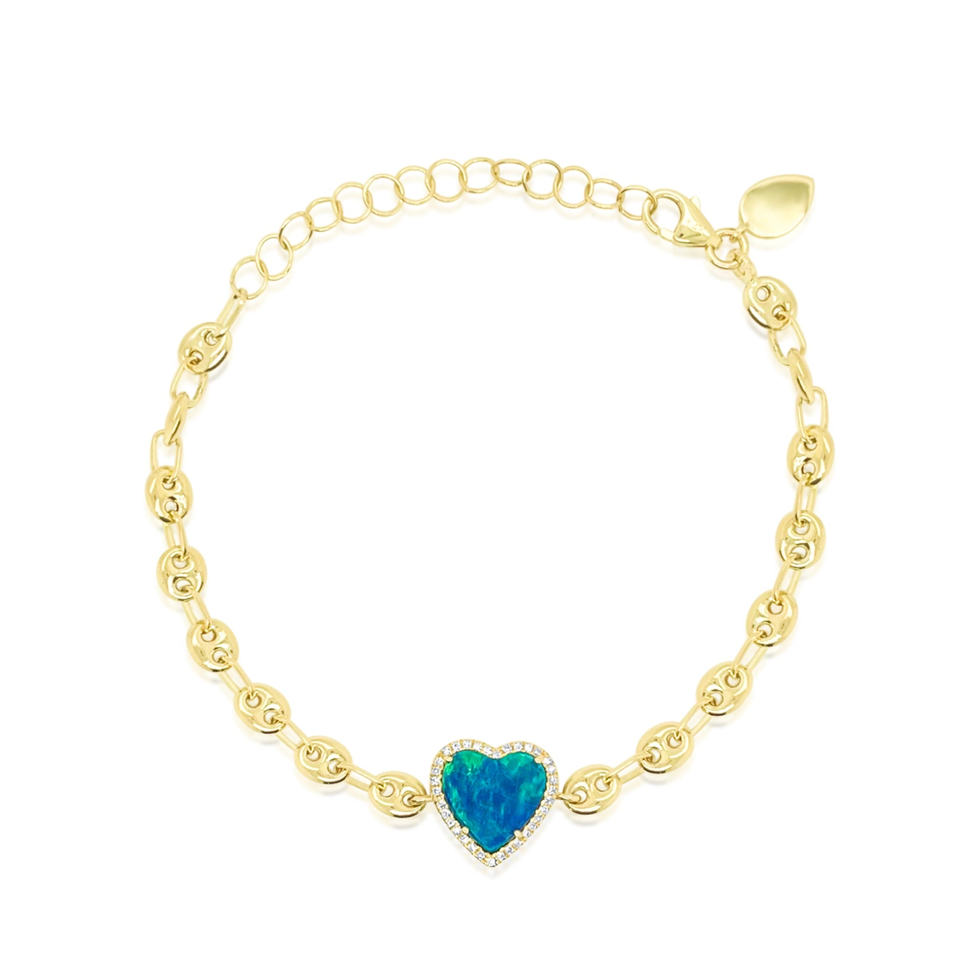 Chunky Chain Diamond Opal Heart Bracelet | Yellow Gold