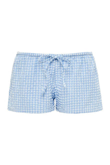Light blue and white micro gingham shorts with drawstring waist and textured fabric.