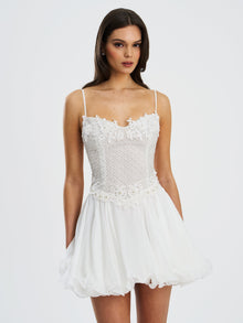 Fabiola Lace Trim Net Top Mini Flare Chiffon Dress | Silver
