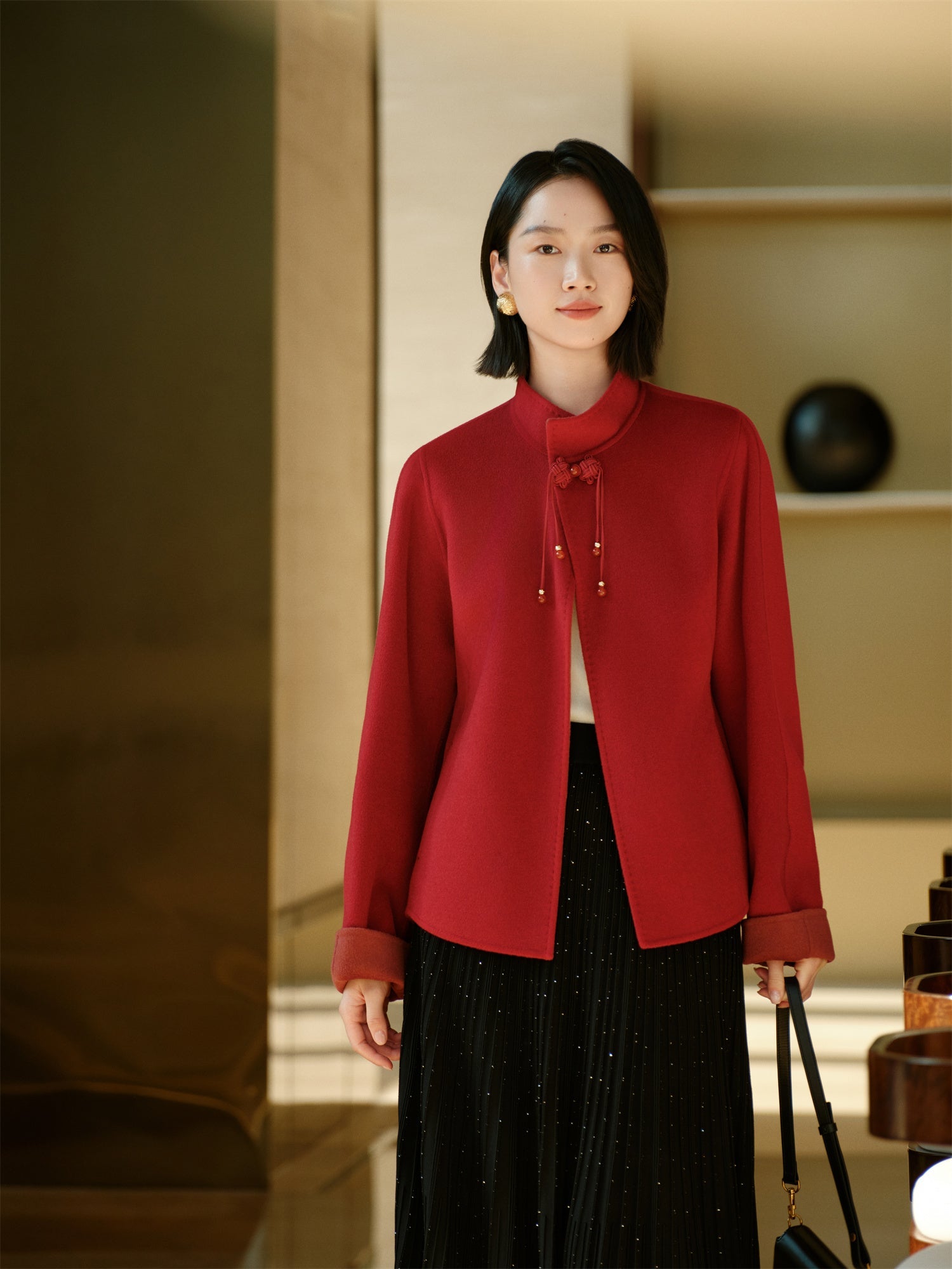 Stand Collar Frog Button Short Coat | Red