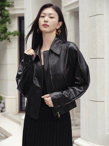 Collarless Lambskin Jacket | Black