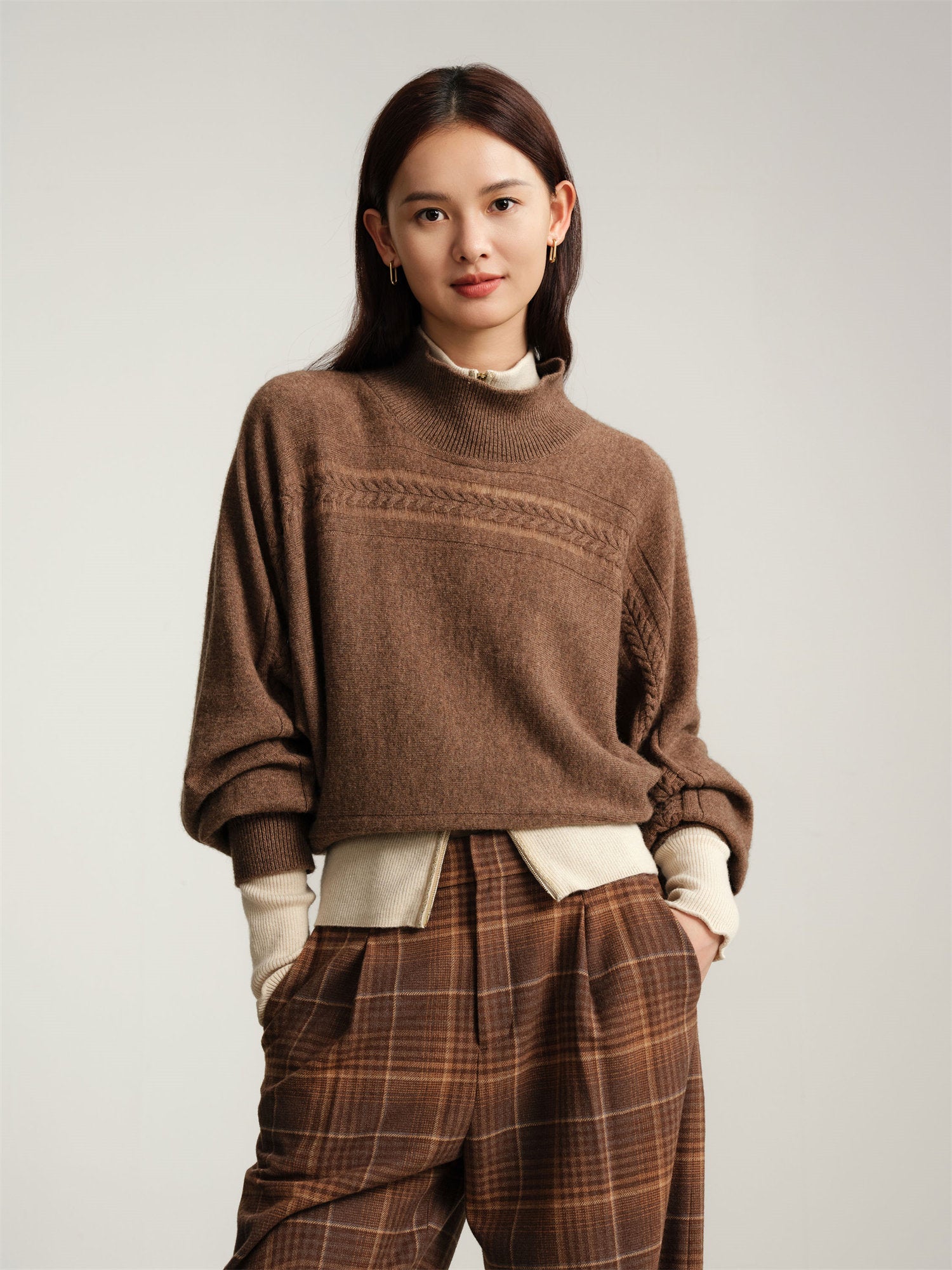 Half-High Neck Knitted Batwing Sweater | Camel
