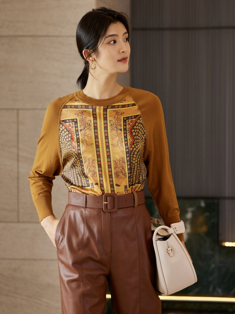 Spliced Printed Knit Top | Camel