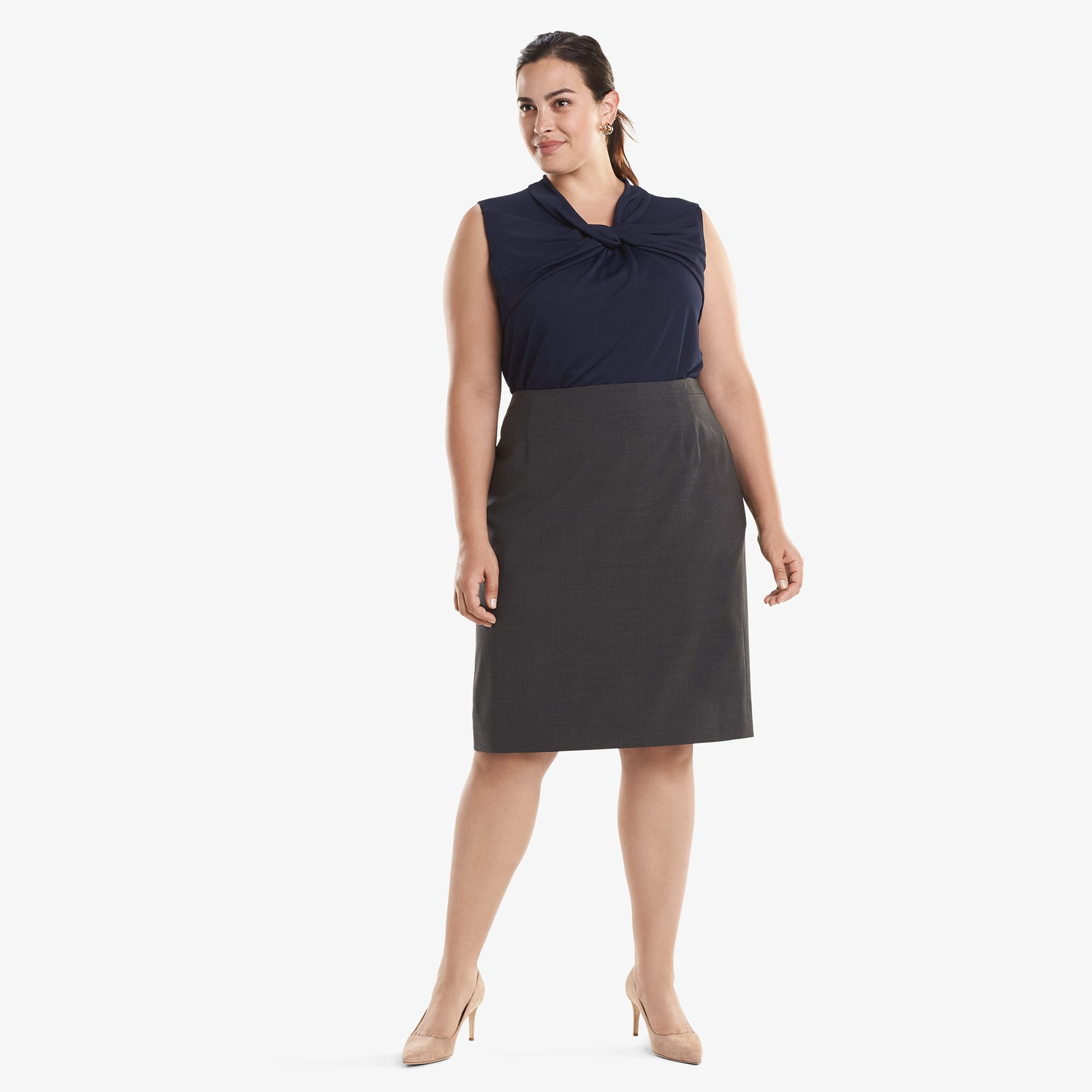 Front image of a woman standing wearing the Cobble Hill Skirt in Gray Melange | Exclude