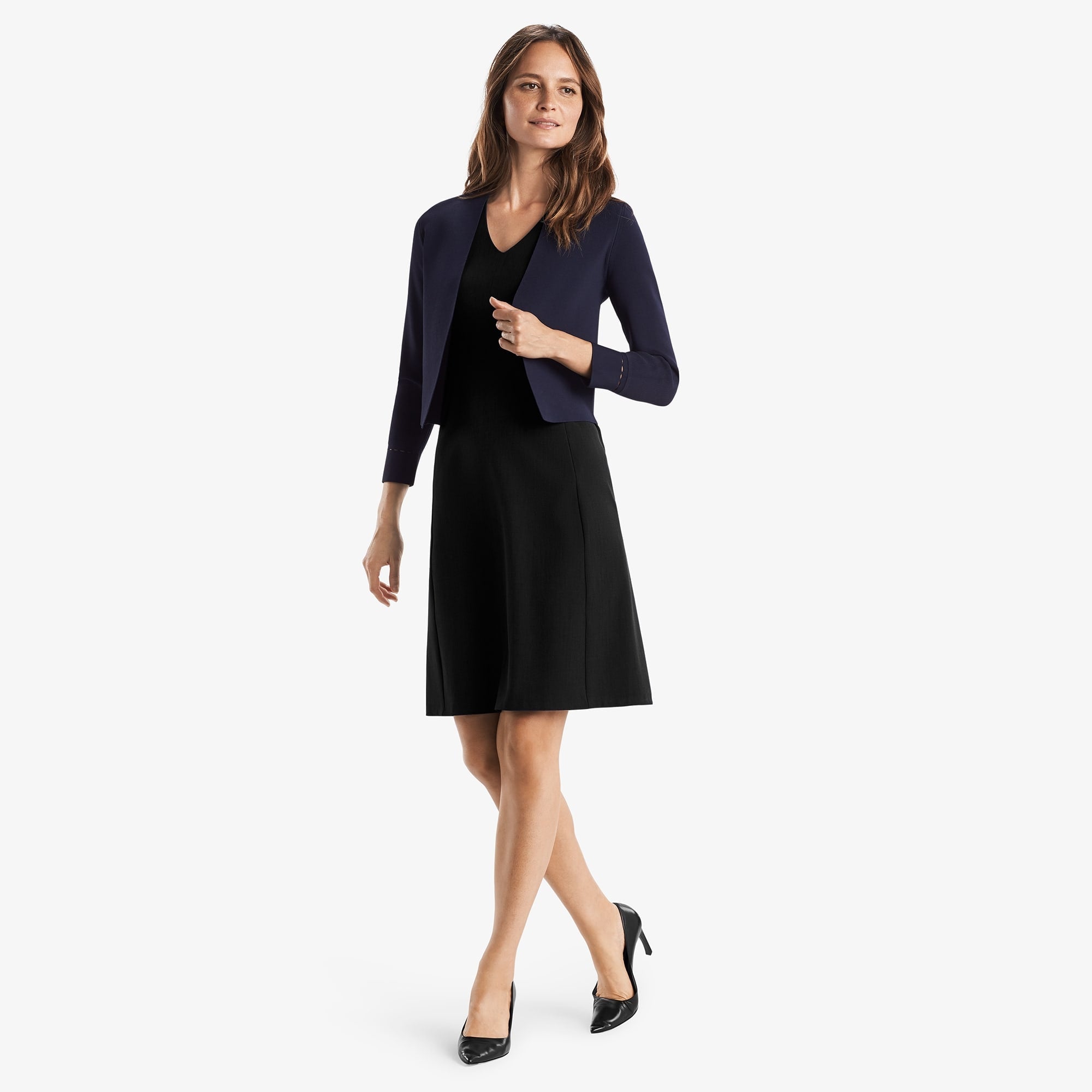 front image of a woman wearing the sant ambroeus jardigan in navy | Exclude