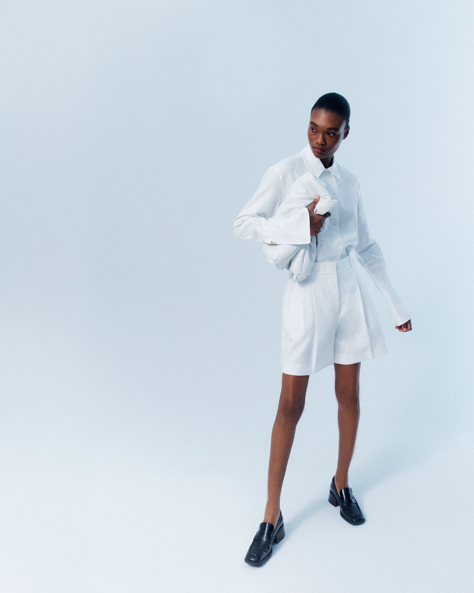 Another Tomorrow Pleated Shorts in White – Linen Women's Trousers