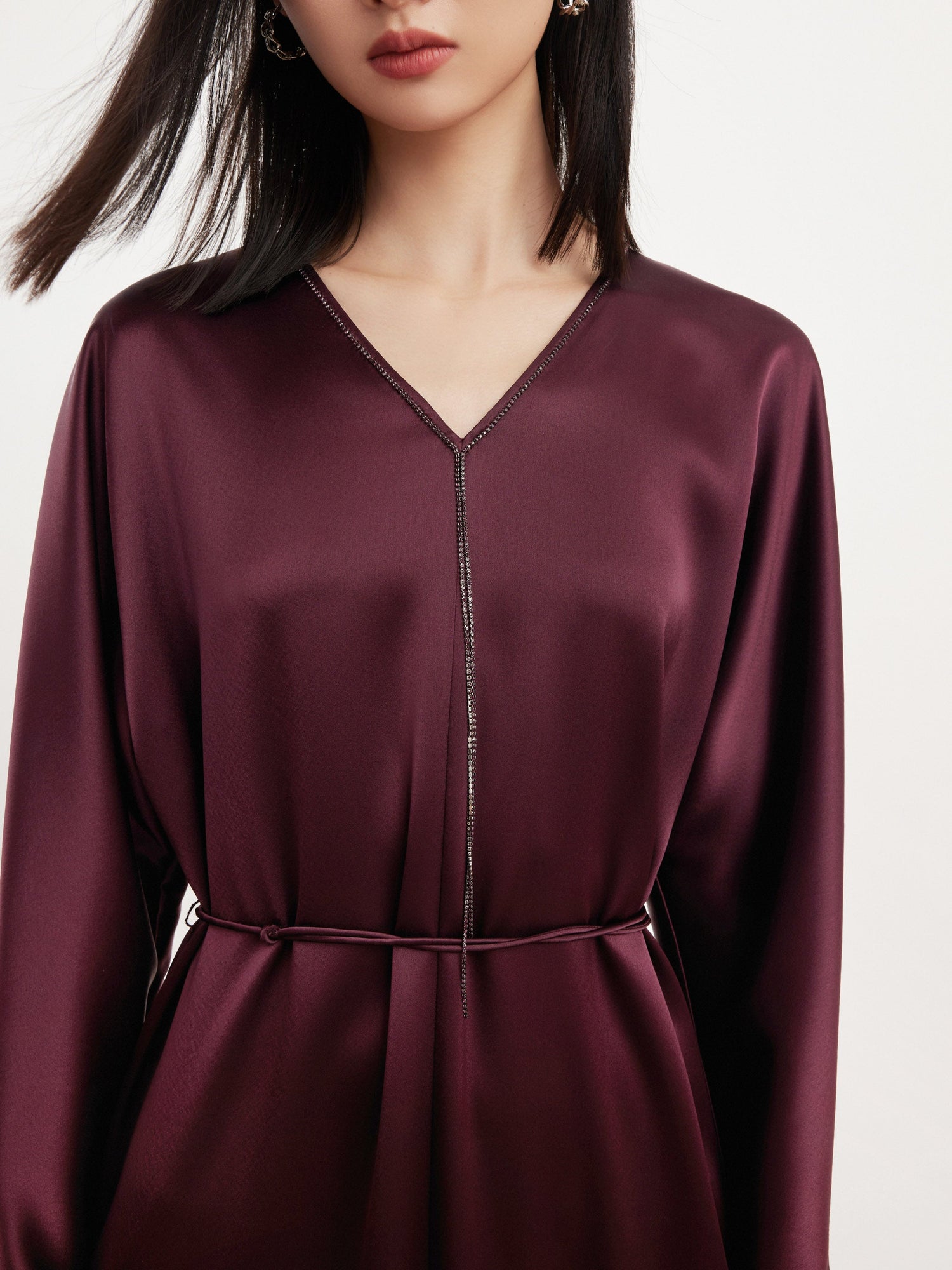 v neck high waist dress | Wine Red