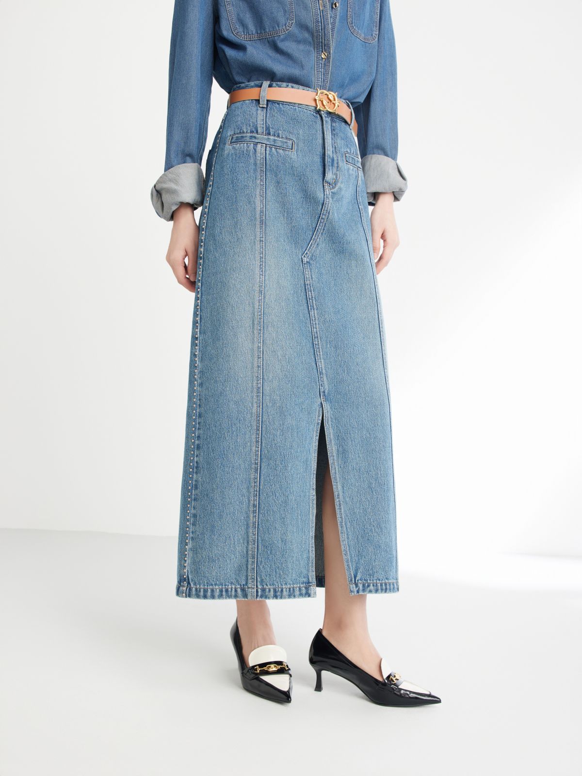 Split Cotton Midi Skirt | Blue