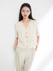 Jacquard Pattern Silk-Blend Top | Beige