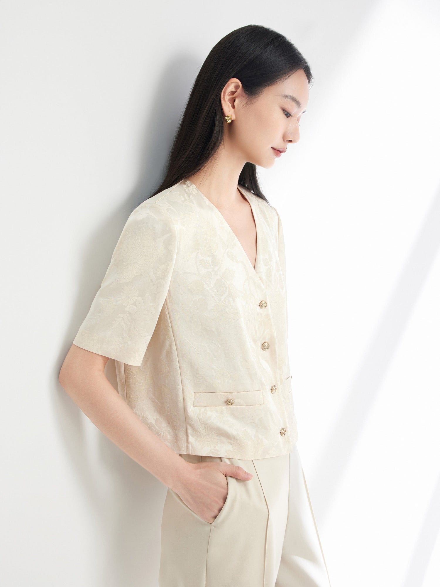Jacquard Pattern Silk-Blend Top | Beige