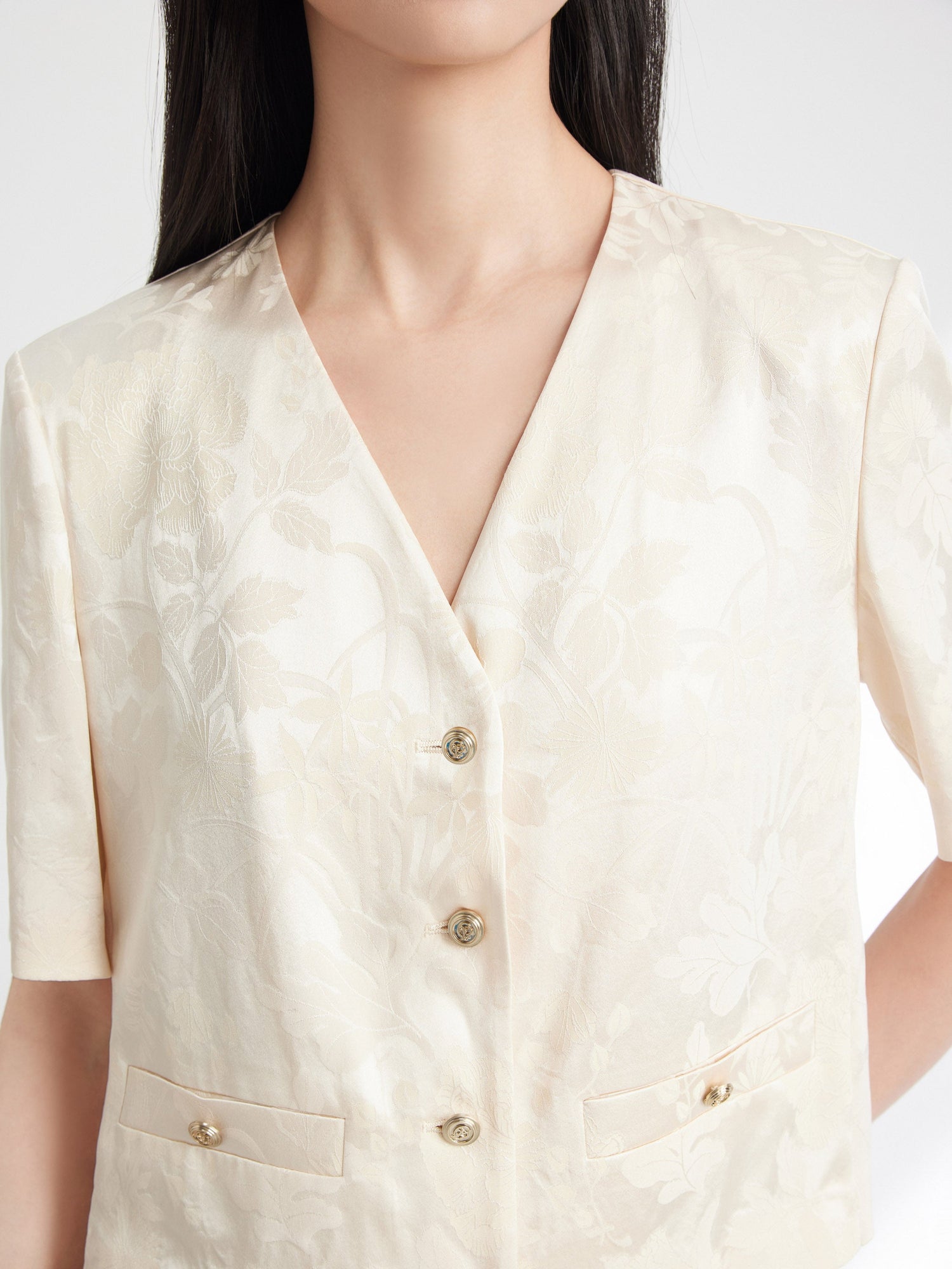 Jacquard Pattern Silk-Blend Top | Beige
