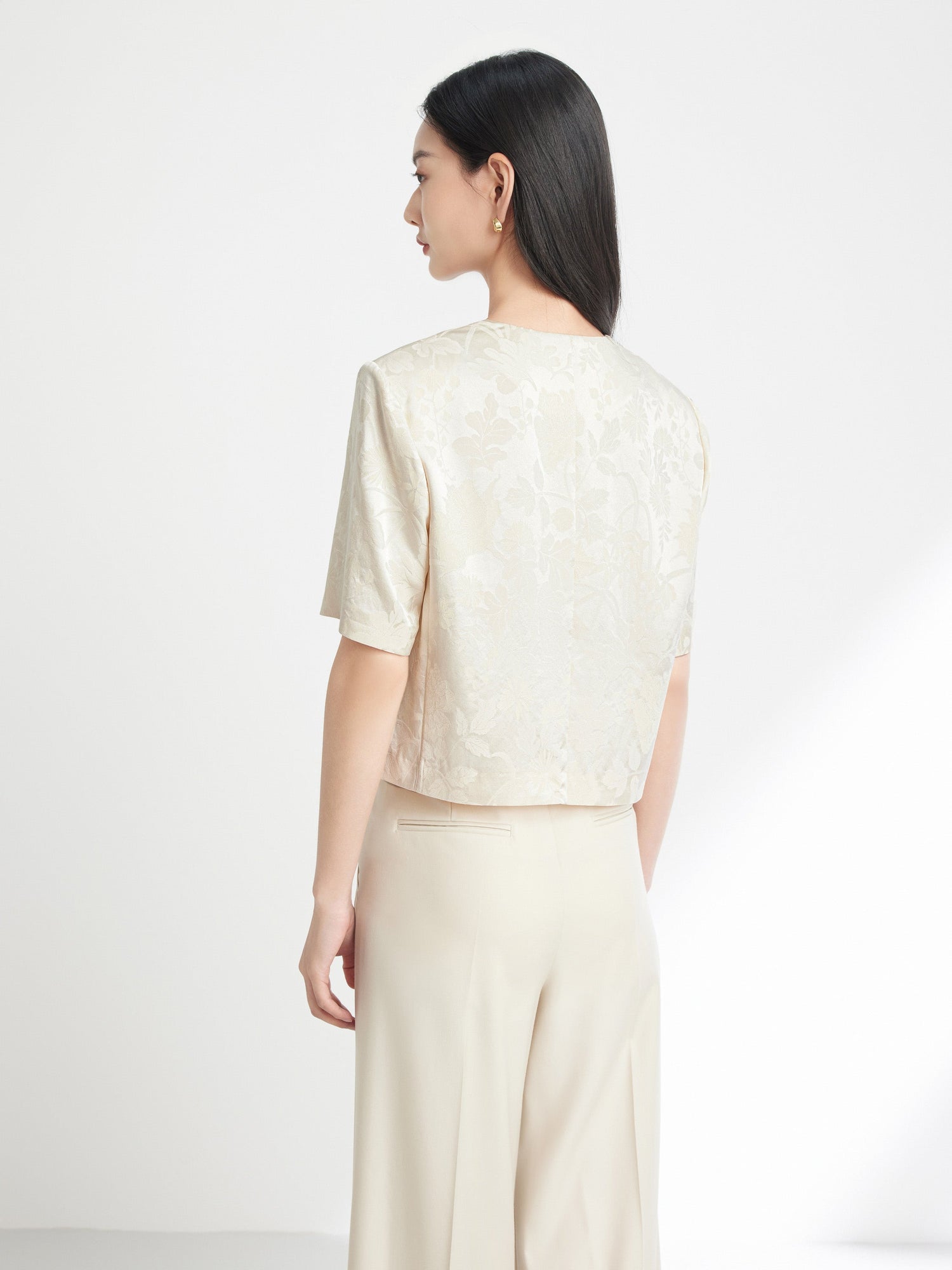Jacquard Pattern Silk-Blend Top | Beige