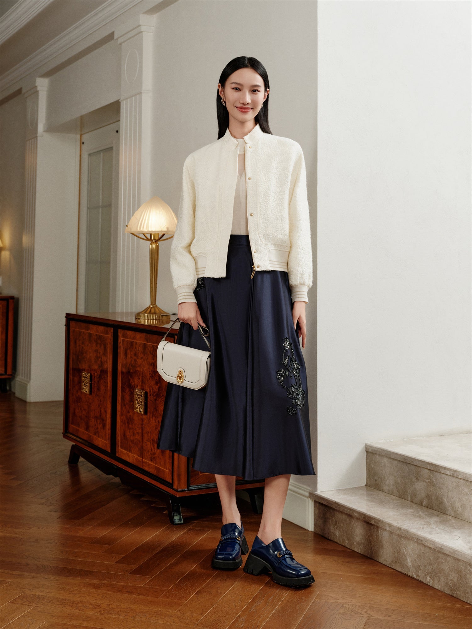 Chinese Style Stand-Up Collar Flight Jacket | White