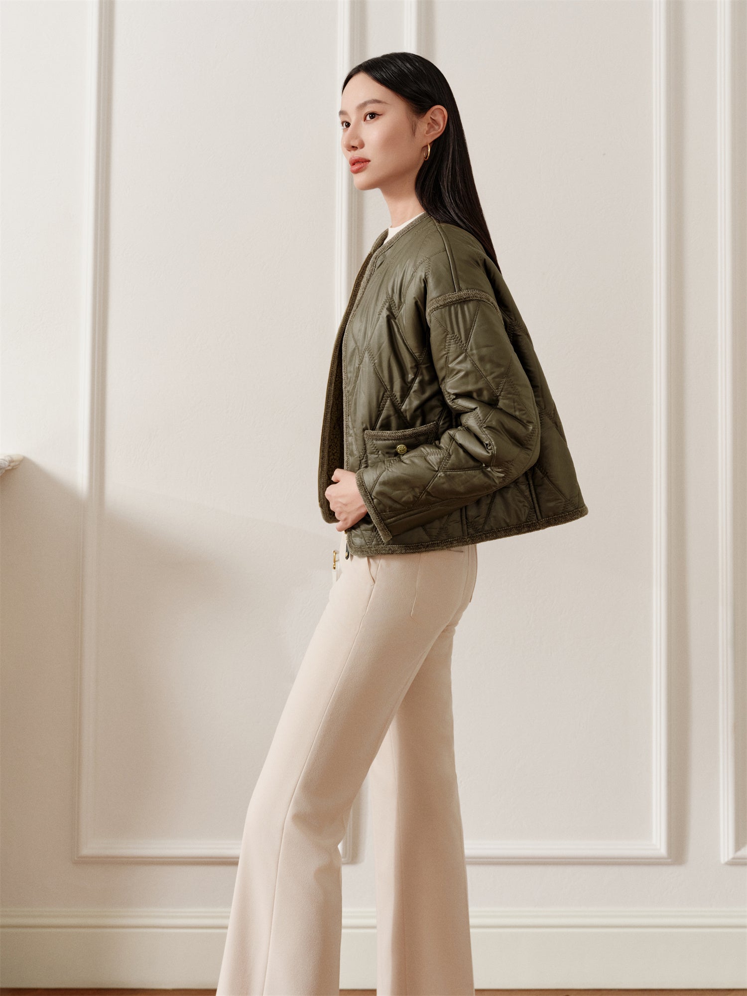Round Neck Design Jacket | Green