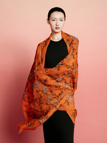 India Co-Creation Embroidered Cashmere Scarf Shawl | Vibrant Orange