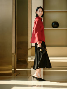Stand Collar Frog Button Short Coat | Red