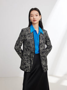 Silk Satin Jacquard Waist-Cinched Blazer | Black