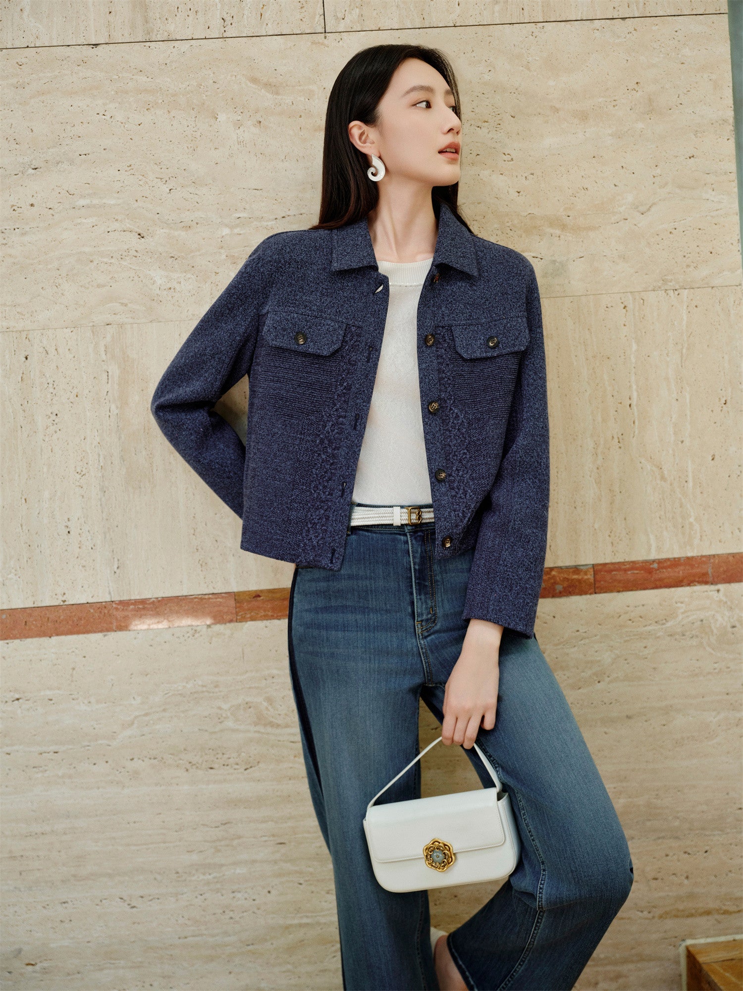 Knit Denim-Look Jacket | Navy