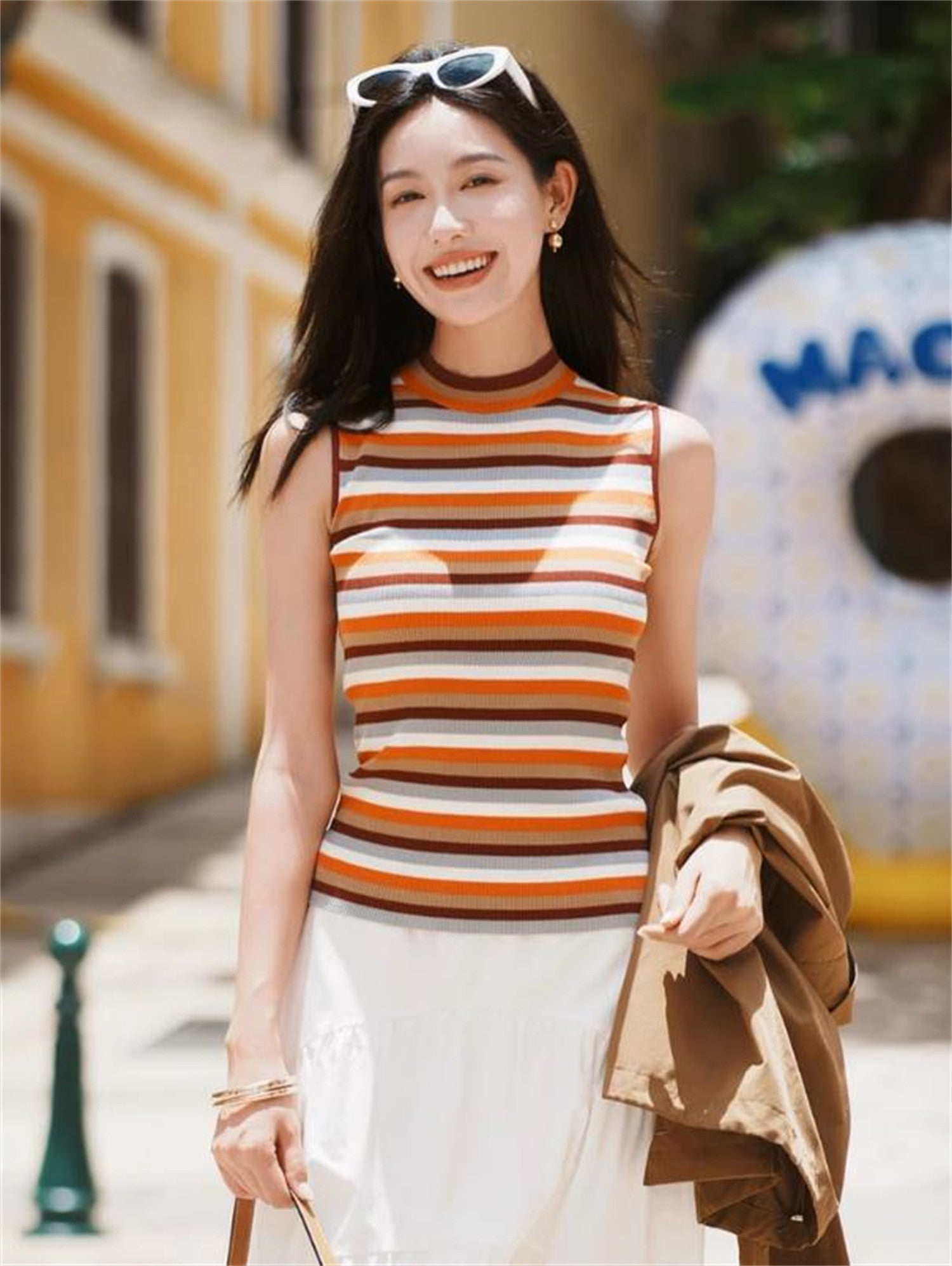 Horizontal Stripe Knit Vest | Orange