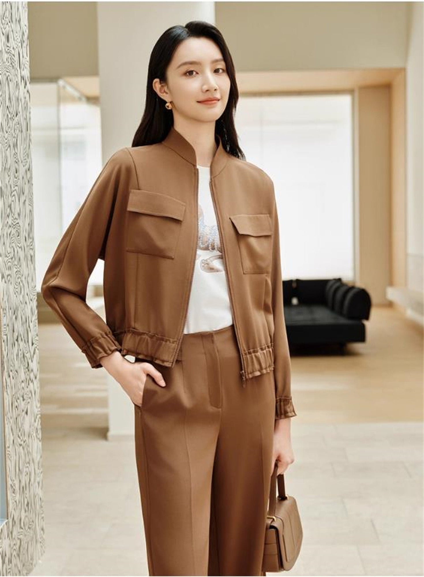 Silk Stand Collar Jacket | Brown