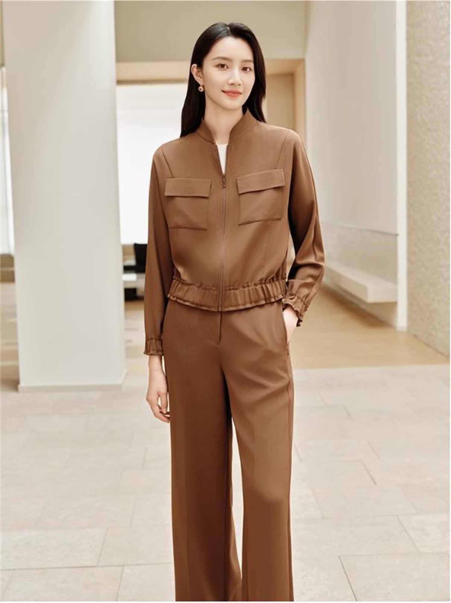 Silk Stand Collar Jacket | Brown