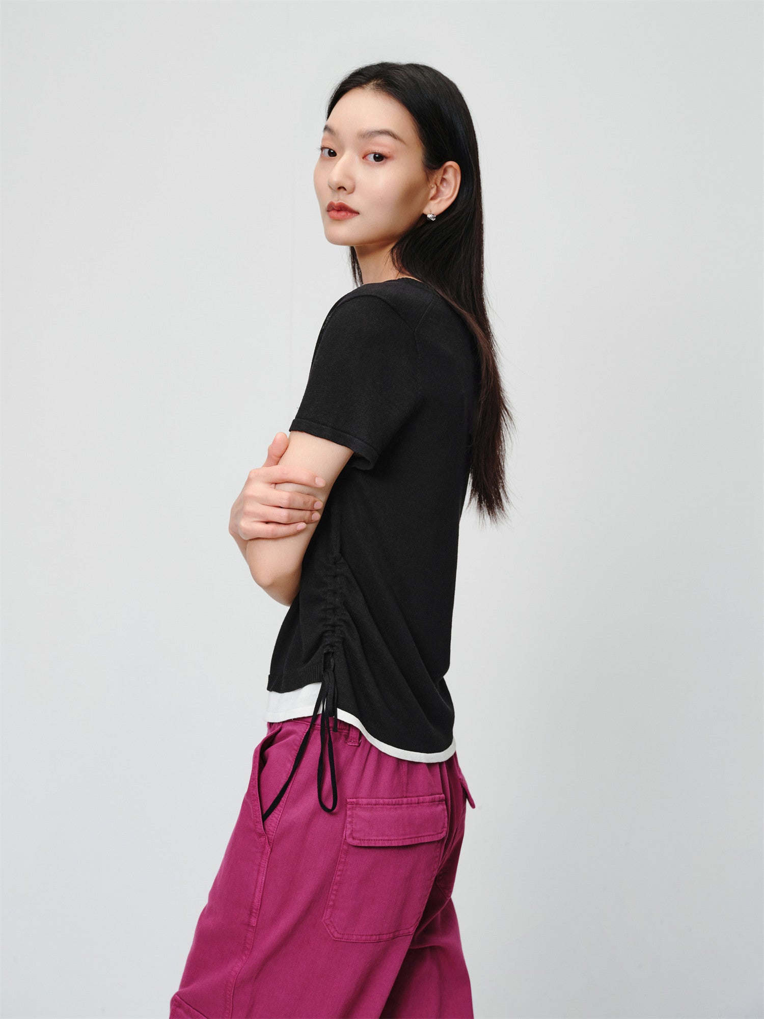 Linen Blend Crew Neck T-Shirt | Black