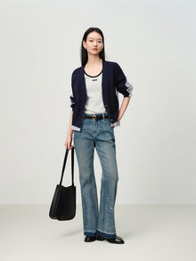 Knitted and Woven Patchwork Top | Navy