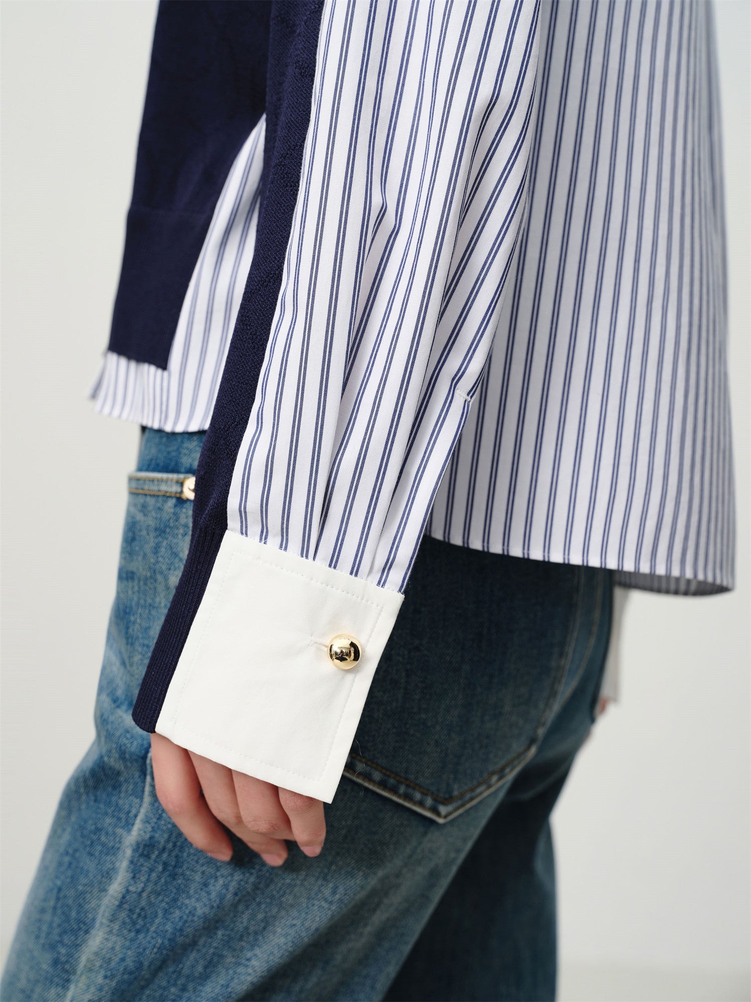 Knitted and Woven Patchwork Top | Navy
