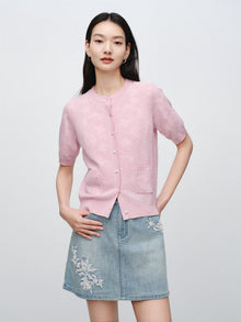 Jacquard Short-Sleeve Knit Top | Pink