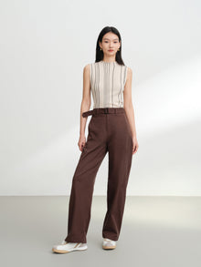 Wool Striped Slimming Sleeveless Knit Vest | Beige