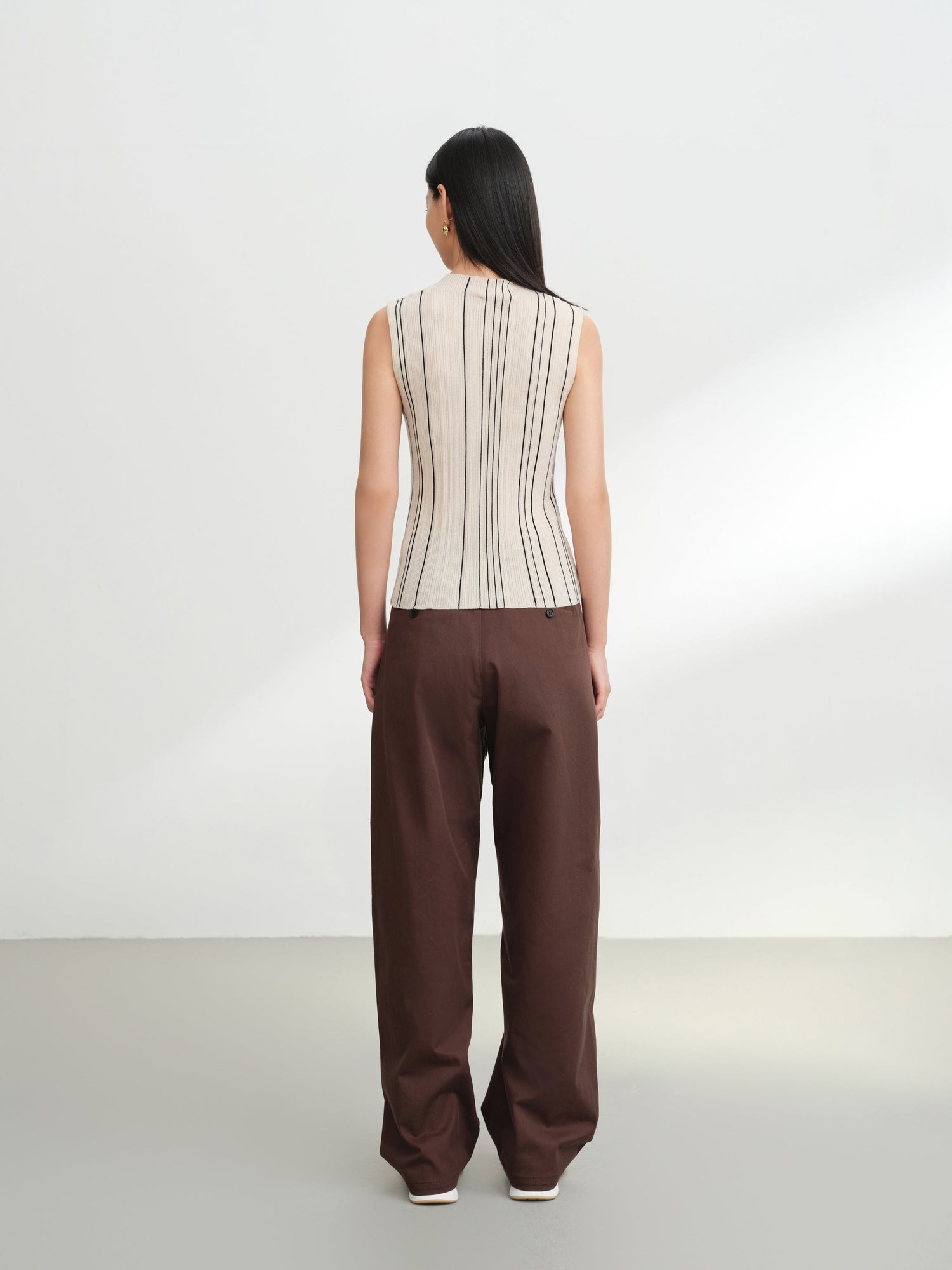 Wool Striped Slimming Sleeveless Knit Vest | Beige