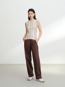 Wool Striped Slimming Sleeveless Knit Vest | Beige