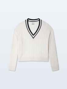 Cashmere Varsity V Neck | Soft White/Navy