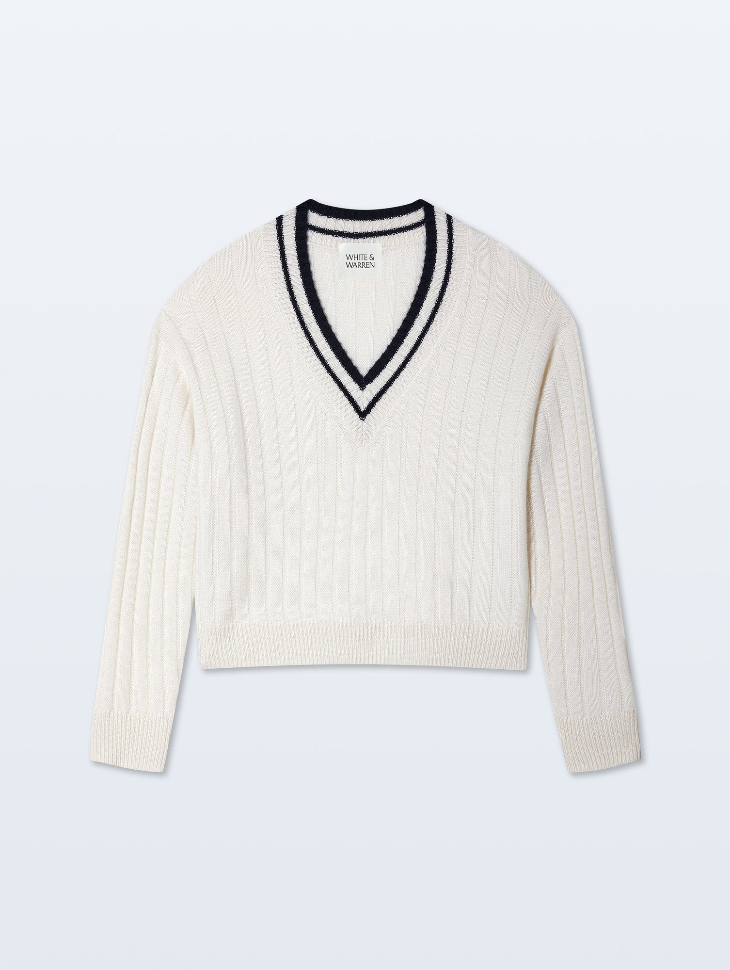 Cashmere Varsity V Neck | Soft White/Navy
