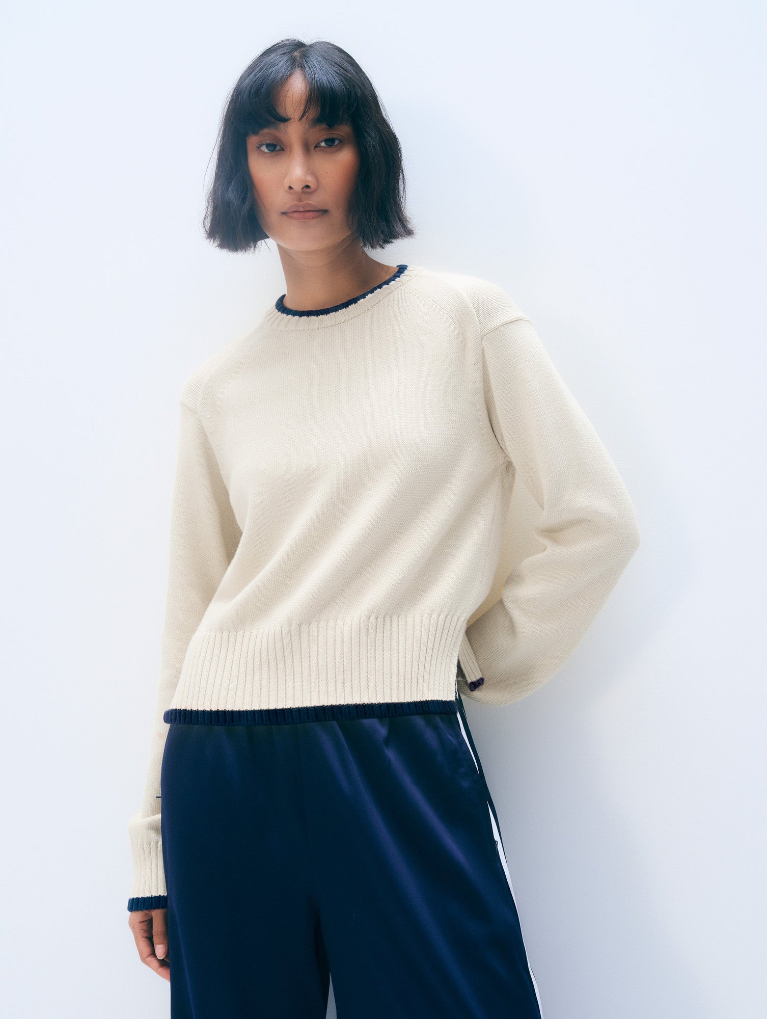 Varsity Cotton Crewneck | Ivory/Navy