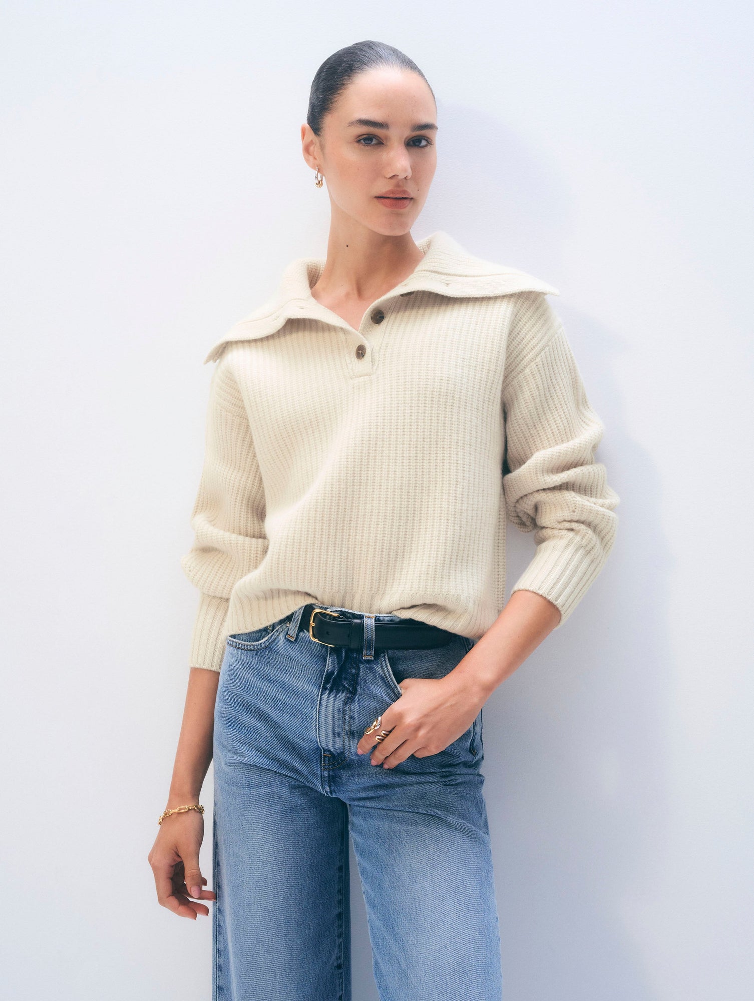 Cashmere Blend Collared Henley | Ivory